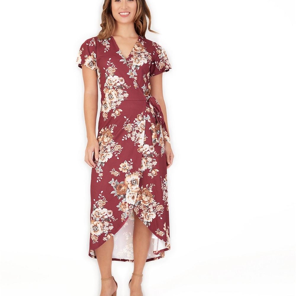 Floral Wrap Dress in Burgundy